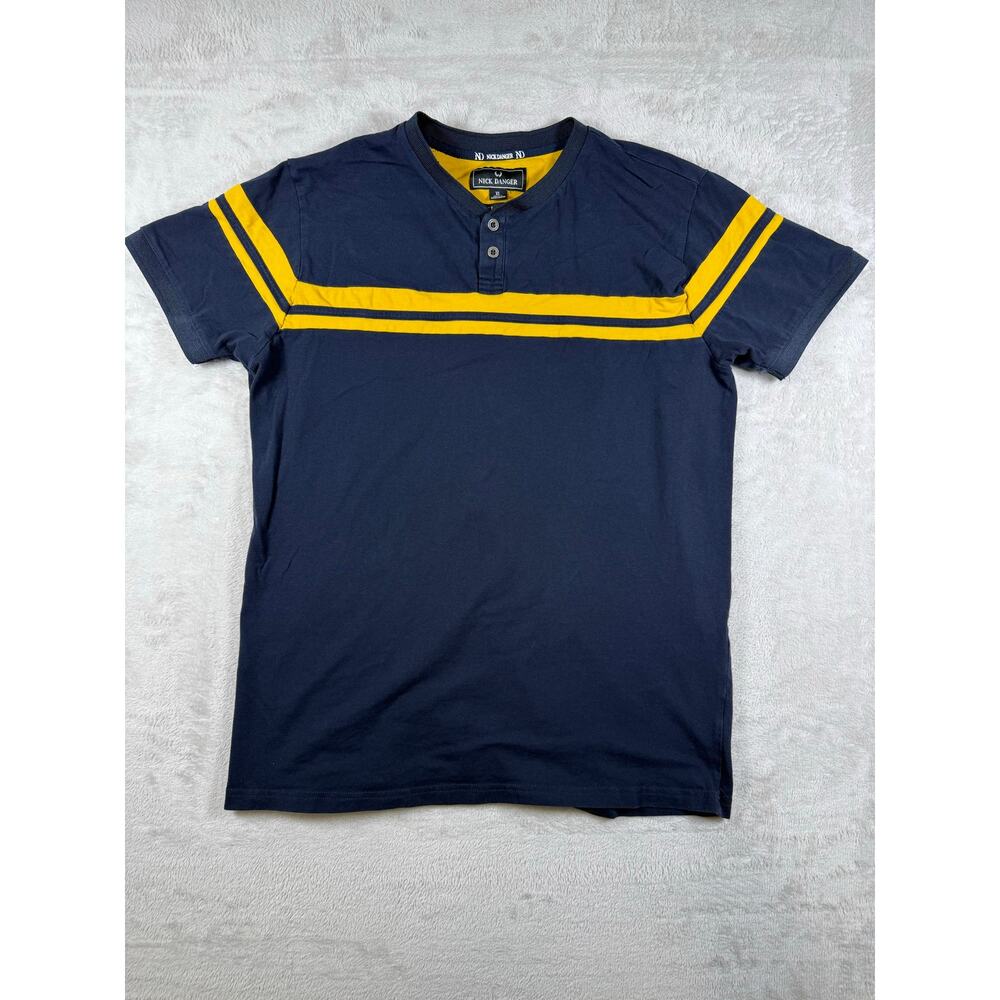 Nick Danger Navy Blue And Yellow Striped Polo Short Sleeve Shirt Size XL
